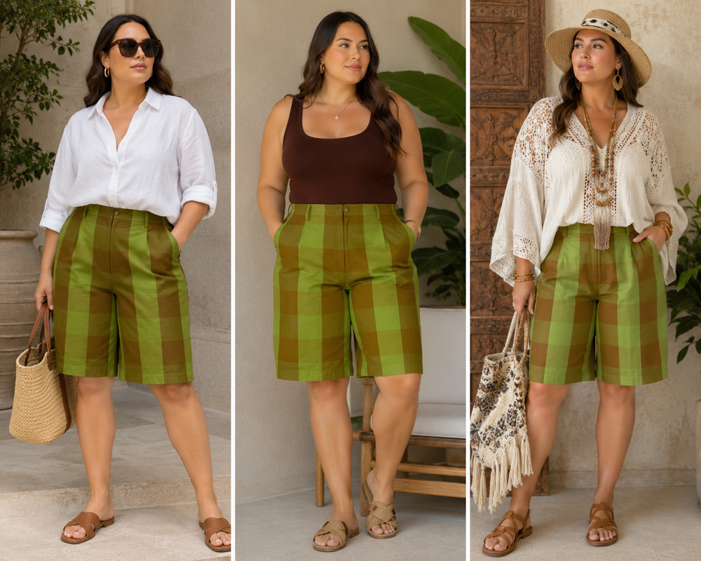 Handmade Thai Silk Plaid Bermuda Shorts Green Bronze Size 14 Artisan Statement
